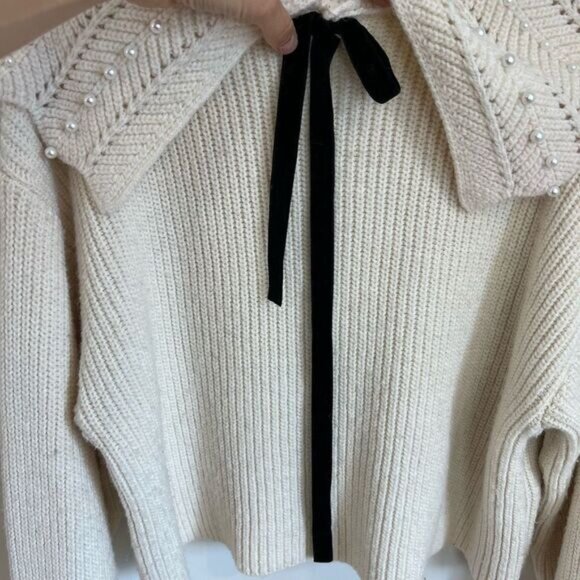 Zara Womens Large Beaded Embellished Collar Pullover Sweater Ecru Cream Twee Tie - Picture 2 of 10